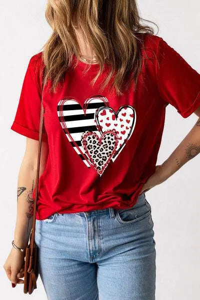 Heart Round Neck Short Sleeve T-Shirt Women's T-Shirts - Tophatter Daily Deals